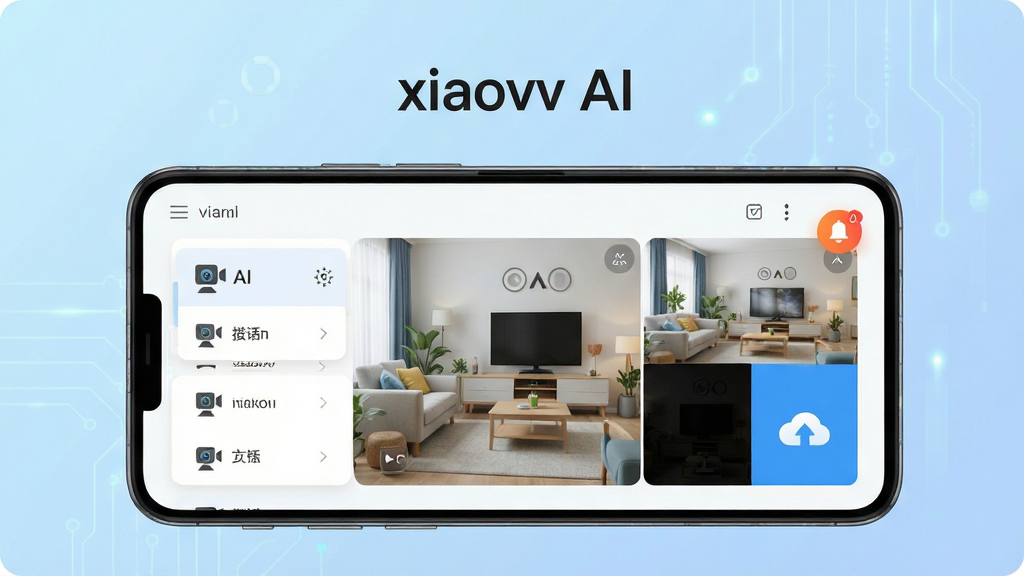 ����Ϊһ����׿�ֻ���Ļ��ʾxiaovv AI����ʵʱ��ػ��棬�����г��ֿ�������������ͷ�豸ͼ�꣬���ֲ����ֻ��������չʾ������Ϊǳ������Ƽ��е�ɫ���Ű��Ϸ����������������֡�xiaovv AI�������Ϊ��ˬ���ı�ƽ��UIչʾ���ϸ�ڰ����豸�б���Ƭ������������ڡ��澯����ͼ�����ƴ洢��ʶ�����ʸ�������������ɾ��޶���Ԫ��