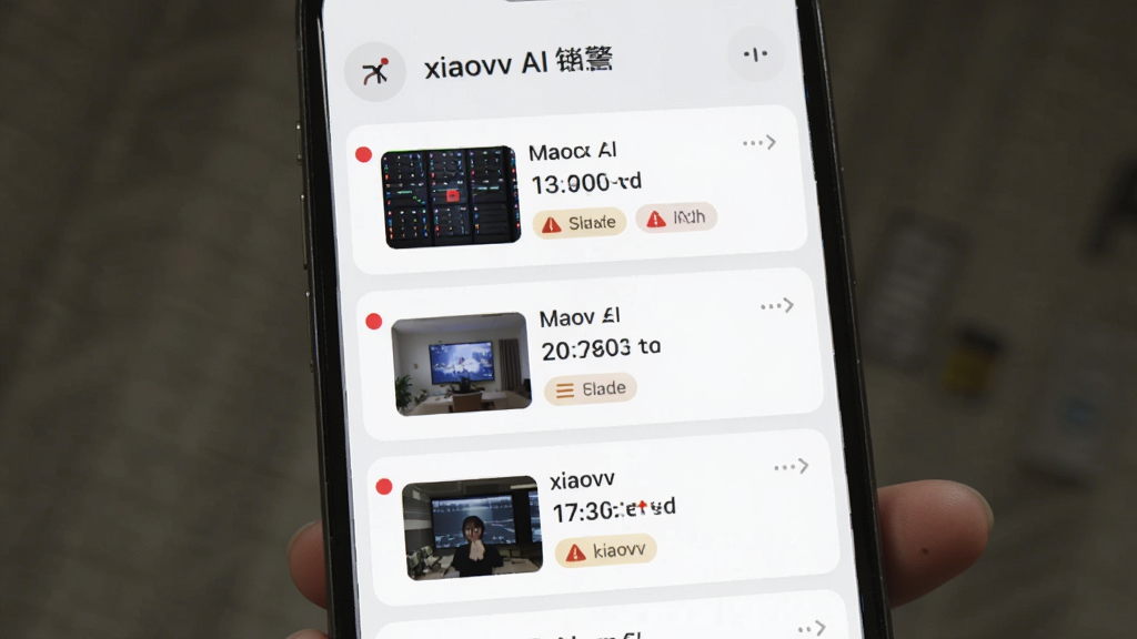 ����Ϊxiaovv AI�澯��Ϣ�б����棬����Ϊ�ֻ���Ļ����չʾ�����澯��¼��Ƭ���Ű水ʱ�䵹�����У����Ϊ��ˬǳɫ֪ͨ������ʽ��ϸ�ڰ�����ɫ�澯Բ�㡢����ʱ�����֡���������ͼ����Ϣ�����ǩ����������������ɾ�����