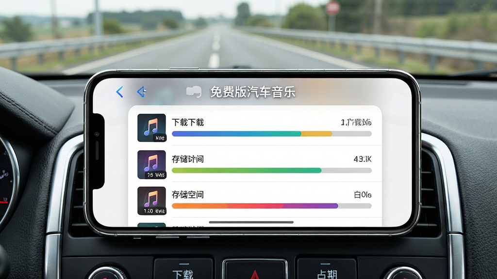 画面主体为一部横屏放置的智能手机,手机屏幕显示“免费版汽车音乐”的缓存管理界面,界面内列出已下载歌曲与存储空间占用条;布局为手机居中,背景为汽车中控台与车窗外模糊的公路风景;排版突出屏幕内容,界面文字清晰;风格为实景产品展示风,细节包含手机金属边框反光、中控台按键纹理与屏幕内进度条色彩层次;画质高清锐利,画面干净无杂物。