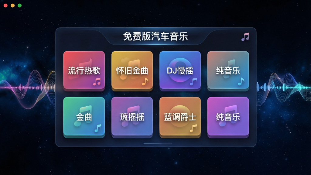 画面主体为一块悬浮在深空背景中的数字化音乐分类面板,面板顶部标注“免费版汽车音乐”字样,下方以网格形式排列多个彩色音乐分类卡片,卡片分别标注“流行热歌”“怀旧金曲”“DJ慢摇”“纯音乐”“蓝调爵士”等文字;布局为中心对称,分类面板占据画面主体,四周点缀流动的音频波形光带;排版整齐,卡片间距均匀;风格为科技感UI展示风,细节包含卡片微立体阴影、音符图标与渐变光效;画质高清,画面干净,无多余元素。