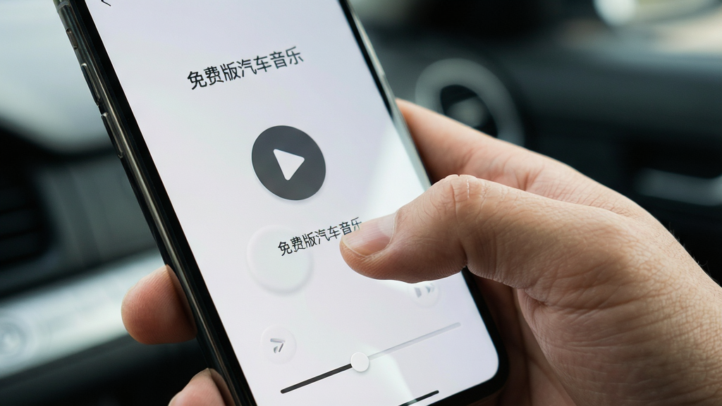 画面主体为一只右手单手握持手机,拇指正点击屏幕中央的播放按钮,手机屏幕显示“免费版汽车音乐”极简播放界面,包含大尺寸播放按钮、歌名文字与底部进度条;布局为手部特写占画面右侧,屏幕内容为视觉中心;排版简洁留白充足;风格为生活化产品摄影风,细节包含手指皮肤纹理、手机屏幕疏油层反光与界面按钮的微凸质感;画质清晰,背景虚化自然,画面干净。