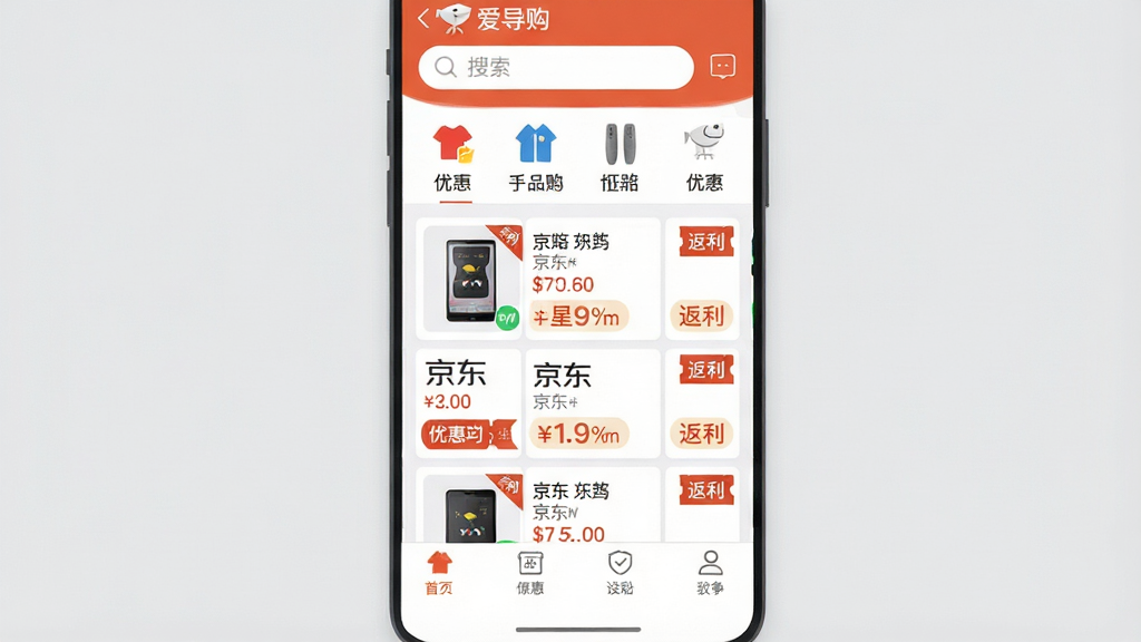 手机屏幕中央展示“爱导购”应用主界面,上方是搜索栏与商品分类图标,中部是京东商品卡片列表,每张卡片标注价格与返利金额,底部是导航栏;背景为浅灰色,整体布局干净整洁,风格为扁平化电商UI设计,细节包括商品缩略图、优惠券标签、返利角标,画质清晰,画面干净,无多余元素