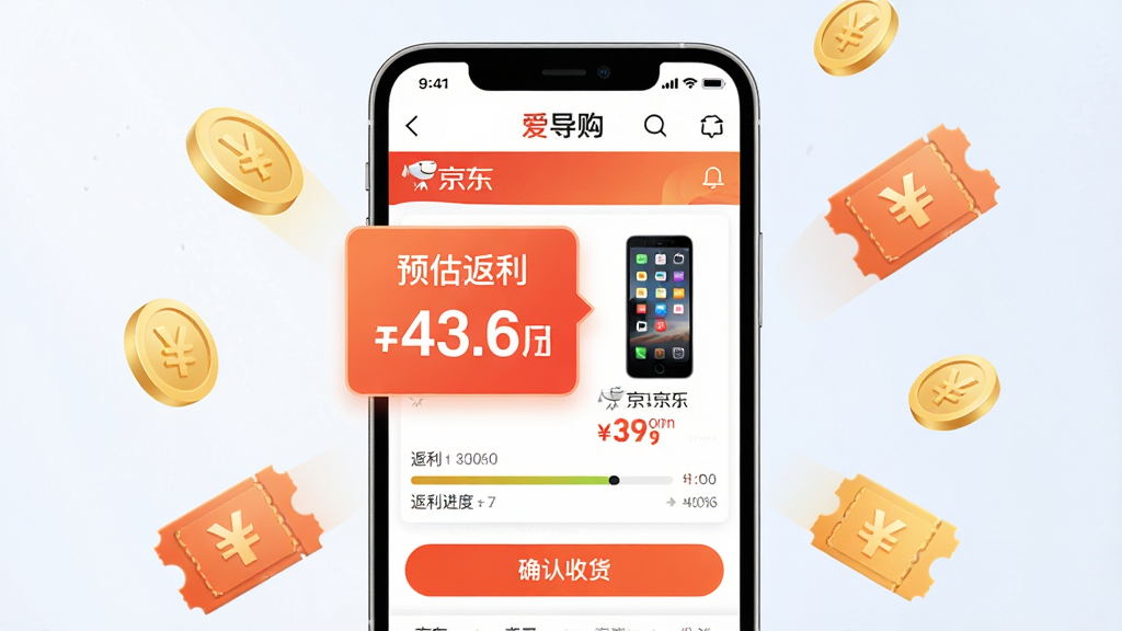 画面主体是一部手机,屏幕上显示“爱导购”商品详情页,页面中部有醒目的“预估返利”标签和金额数字,旁边配京东商品图与价格,手机周围漂浮着金币与优惠券图标;布局为居中构图,风格为明亮电商促销风,细节包括返利进度条、确认收货按钮,画质高清,画面干净,无多余元素