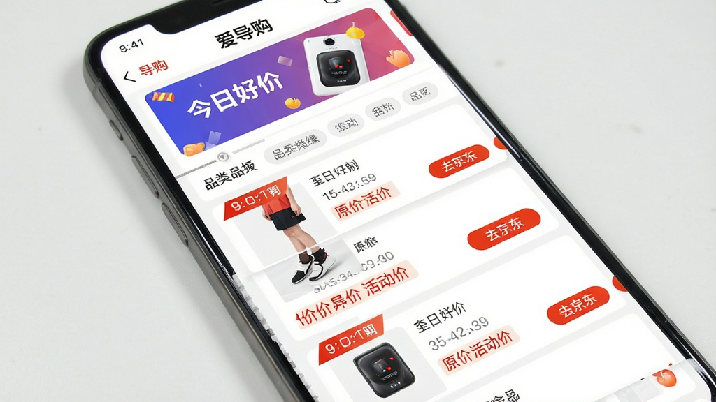 手机界面展示“爱导购”活动线报列表页,顶部有“今日好价”横幅,下方是带倒计时标签的商品条目,每条包含商品图、原价、活动价和“去京东”按钮;布局为纵向列表,风格为清爽资讯流,细节包括时间轴装饰和品类筛选标签,画质清晰,画面干净,无多余元素