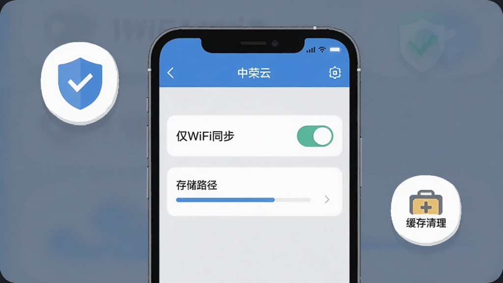 ��������Ϊһ���ֻ���Ļ��д����ʾ�����Ƶ�����ҳ�棬ҳ�����С���WiFiͬ����������洢·��ѡ��Ա�Ư����Ȩ�޶���ͼ���뻺������ͼ�ꣻ����Ϊ�ֻ����С�ͼ�껷�����ܣ����Ϊ���UIʾ��廭��ɫ��������Ϊ����ϸ���������ֿ���״̬������������ʸɾ����޶���Ԫ�ء�