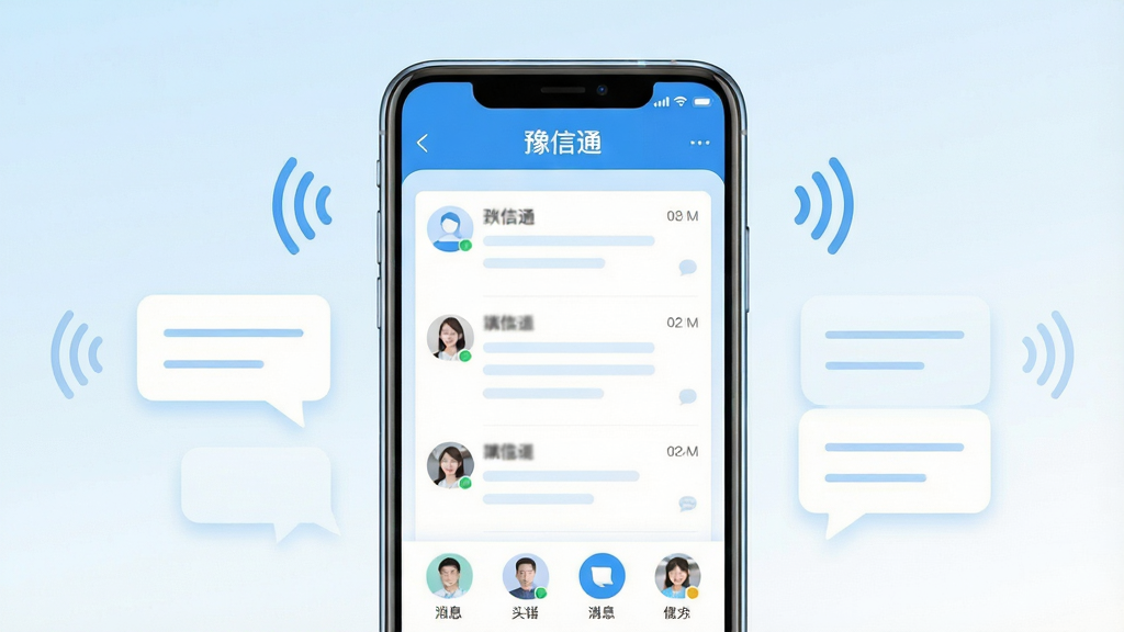 画面主体为一部居中摆放的智能手机,屏幕显示蓝白色调的通讯应用界面,界面顶部标注“豫信通”字样,下方排列消息列表与联系人图标;布局采用居中对称构图,手机两侧点缀简约的对话气泡与信号波纹元素;整体风格为清爽科技风,浅蓝到白色渐变背景;细节上手机边框有柔和反光,气泡内为空白横线示意文字;画质清晰锐利,画面干净整洁,无多余元素