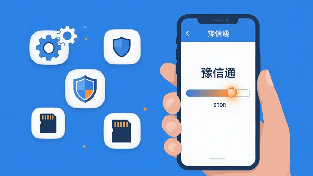 画面主体为一只手握持手机,屏幕显示“豫信通”应用安装进度条界面,旁边漂浮着齿轮、盾牌、存储卡等小图标;布局为手机居中偏右,图标环绕左侧;风格为扁平化教程插画风,配色以蓝白为主辅以橙色点缀;细节上进度条有渐变光泽,图标线条简洁;画质清晰,画面干净,无多余元素