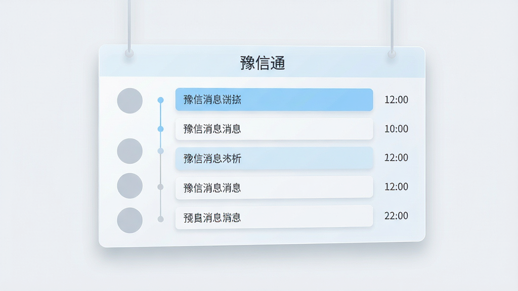 画面主体为一块悬浮于浅色背景上的半透明信息面板,面板内以时间线形式排列多条消息条目,顶部标注“豫信通”文字;布局为左中右三分结构,左侧为联系人头像占位圆点,中部为消息条目,右侧为时间标记;风格为扁平化商务风,配色以浅蓝、白色、浅灰为主;细节上面板边缘有细腻投影,条目之间有分隔线;画质高清,画面干净,无多余装饰元素