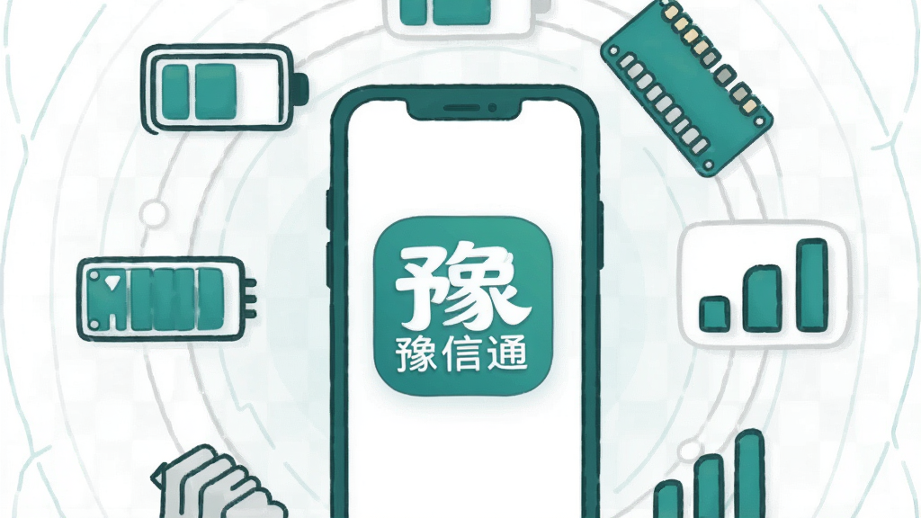 画面主体为一组抽象的手机性能示意图,中央为一部手机屏幕显示“豫信通”应用图标,周围环绕电池、内存条、信号格等简约图标;布局为环形围绕式构图,手机居中;风格为简约科技插画风,配色以青绿、白色、浅灰为主;细节上图标线条圆润,背景有淡淡的网格纹理;画质清晰,画面干净,无杂乱元素