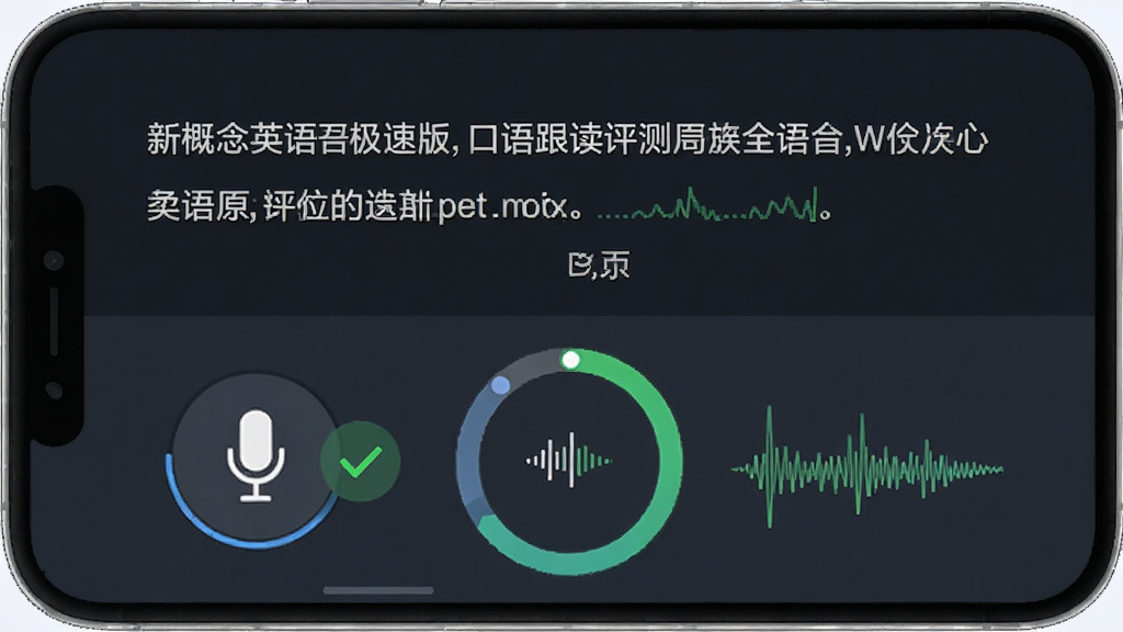 一张新概念英语极速版口语跟读评测界面的示意图,主体为手机屏幕显示课文句子与录音按钮,布局上方为原文、下方为评分结果,排版包含麦克风图标与分数环形图,风格科技感十足,细节有绿色对勾与发音波形,画质高清,画面干净