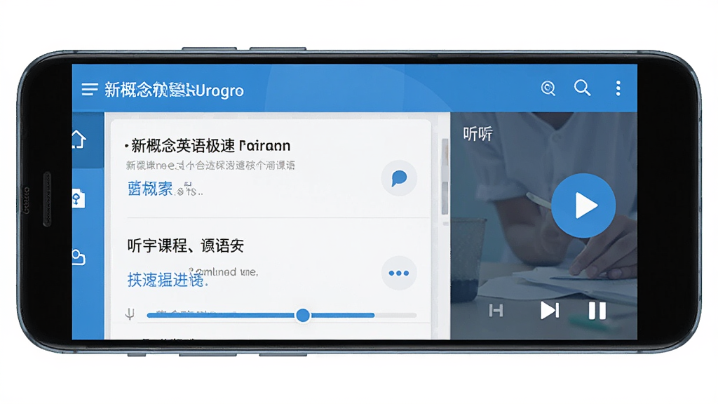 一张展示新概念英语极速版软件界面的手机效果图,画面主体是一部竖屏安卓手机,屏幕上显示软件首页的课程列表与听力播放界面,布局简洁清晰,排版以蓝白色调为主,风格现代清新,细节包含课文标题、播放按钮与进度条,画质高清,画面干净,无多余元素