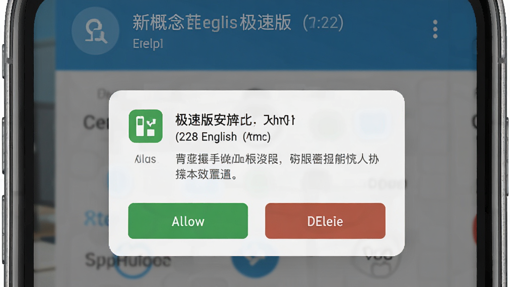 一张展示新概念英语极速版安装权限设置界面的示意图,主体为手机屏幕弹出权限请求对话框,布局居中显示允许与拒绝按钮,排版简洁,风格写实,细节有存储权限图标与提示文字,画质清晰,画面干净