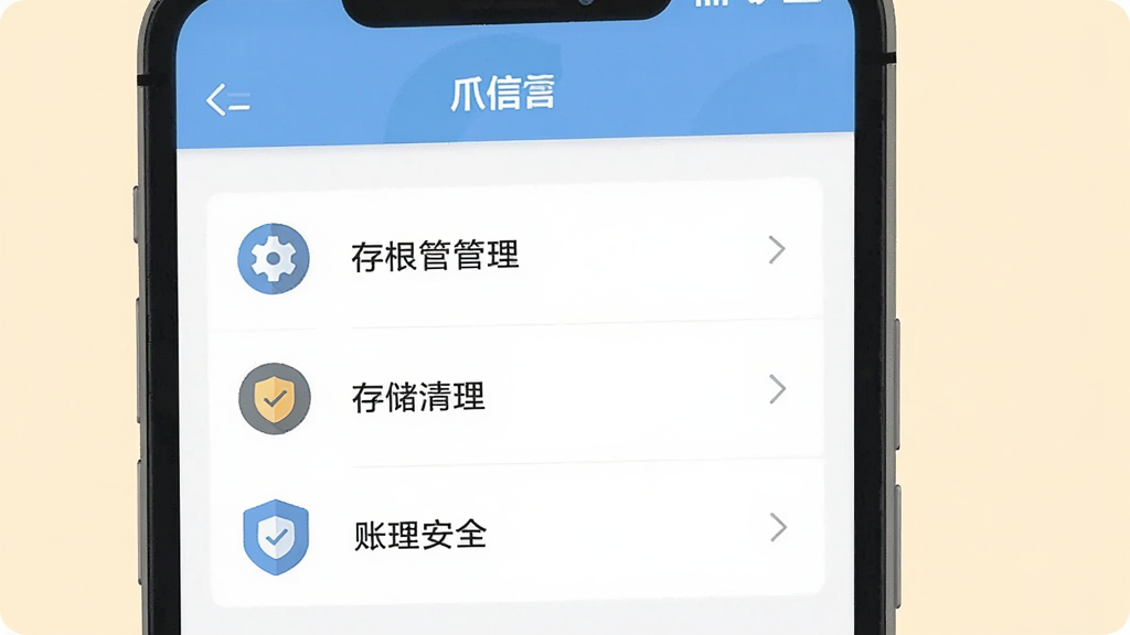 一部手机屏幕显示爪信的设置页面,页面上列出权限管理、存储清理、账号安全等选项,旁边配有齿轮图标和盾牌图标,画面采用浅色背景,扁平化插画风格,布局清晰,画质高清,干净无杂乱元素