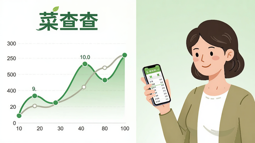 画面采用左右分栏布局,左侧为放大的蔬菜价格趋势折线图,折线图上方标注“菜查查”字样,右侧为一位家庭主妇模样的人物手持手机查看菜价,人物表情轻松满意,背景为淡绿色渐变,风格为简洁的矢量插画,细节上折线图线条流畅、数据点清晰,人物衣着朴素自然,画质干净明亮,无杂乱背景元素