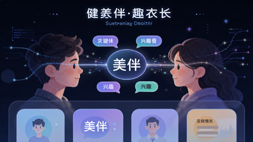 画面主体为两个人物头像通过光线连接,中间悬浮“美伴”标识与兴趣标签气泡,布局为上下分层结构,上方标题区域下方匹配展示区,风格为科技感轻插画,细节包含数据线条、圆角卡片、柔光效果,画质细腻干净,无多余元素