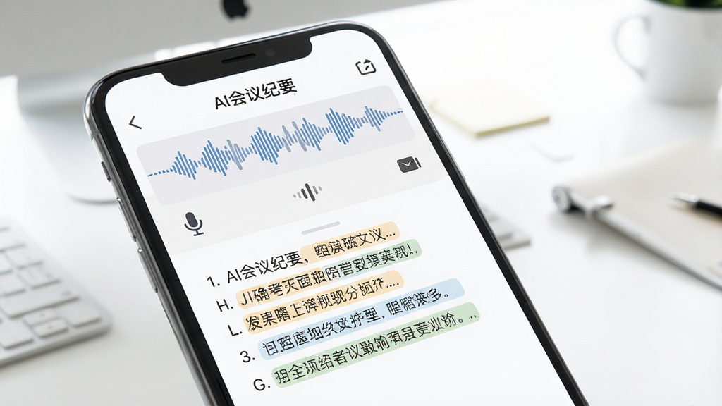 画面主体是一部智能手机屏幕,屏幕上显示着“AI会议纪要”软件的录音转文字界面,界面布局简洁,上方是波形录音条,下方是实时滚动的文字记录,背景是明亮的办公桌面,风格为扁平化科技风,细节包括界面上的麦克风图标和文字高亮效果,画质清晰干净,无多余元素
