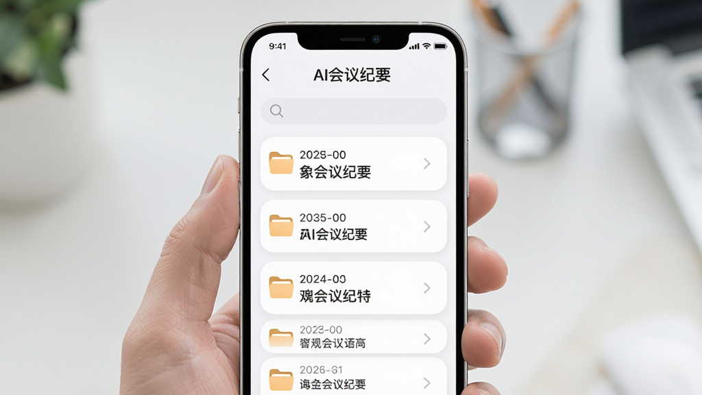 画面主体是手机界面展示“AI会议纪要”的录音文件列表页,布局为纵向列表排列,每条记录显示日期和标题,风格为柔和圆角卡片式设计,细节包括文件夹图标和搜索栏,画质清晰干净,无多余元素