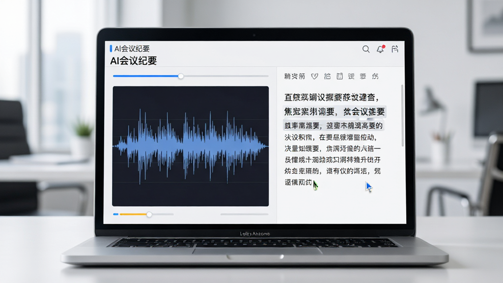 画面主体是一台笔记本电脑,屏幕上显示“AI会议纪要”软件正在将一段语音波形实时转化为整齐的文字段落,布局为左侧波形图右侧文字区,风格为现代简约商务风,细节包括屏幕上的进度条和光标闪烁效果,画质清晰,干净无杂乱