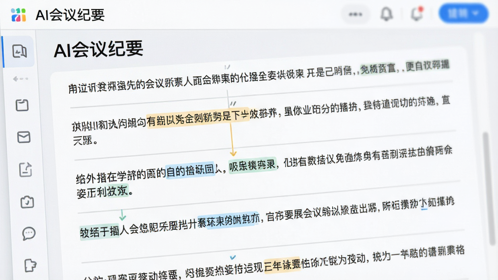 画面主体是“AI会议纪要”软件界面特写,展示文字段落自动分段的排版效果,布局为上下排列的多个文字块,风格为清爽浅色办公风,细节包括段落间的分隔线和标点符号高亮,画质干净清晰,无多余装饰