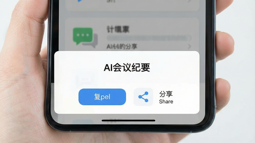 画面主体是一部手机屏幕显示“AI会议纪要”的分享菜单弹出界面,布局为底部弹窗样式,风格为清新浅色扁平风,细节包括复制按钮和分享图标,画质干净清晰,无多余元素
