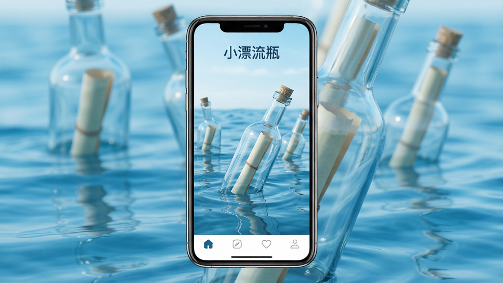 一个清新风格的手机应用界面展示,画面中央是一部竖屏智能手机,屏幕上显示着蓝色海洋背景和几只半透明玻璃质感的漂流瓶漂浮在水面上,瓶内装有卷起的纸条,界面顶部有“小漂流瓶”文字标识,底部是简洁的导航栏,整体布局居中对称,风格清新治愈,细节上突出玻璃瓶的反光质感和海水的波纹层次,画质清晰干净,无多余装饰元素