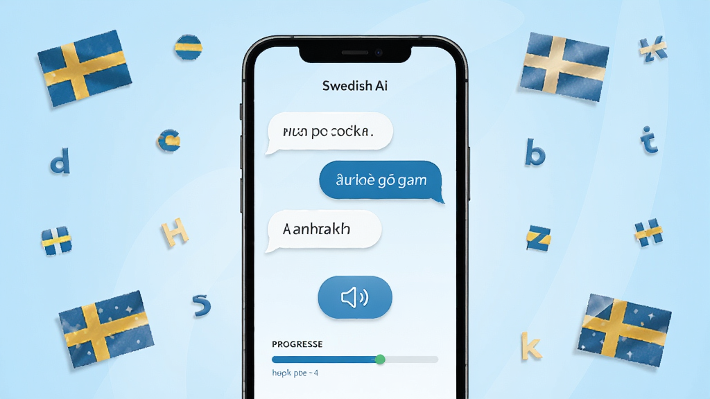 一张展示Swedish Ai软件主界面的手机应用截图风格插画,画面中央是一部竖屏智能手机,屏幕上显示着瑞典语学习界面,包含对话气泡、发音按钮和进度条等元素,背景为浅蓝色渐变,周围点缀着瑞典国旗颜色的小装饰和字母符号,整体风格清新简洁,画质清晰,干净无多余元素