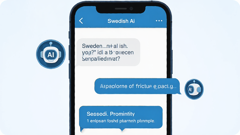 Swedish Ai智能对话练习功能展示图,画面中一部手机屏幕显示聊天界面,左侧为AI头像发出的瑞典语问题,右侧为用户回复内容,下方有语法修正提示框,整体采用扁平化插画风格,色调以蓝白为主,画质清晰干净