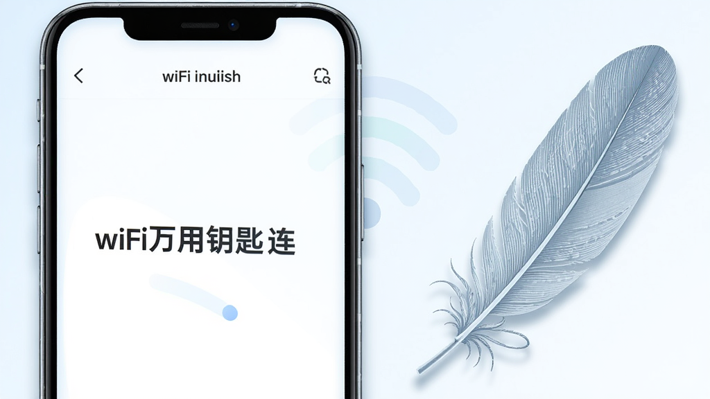画面主体是一部手机与一个轻薄的羽毛图形并排,手机屏幕显示“wifi万用钥匙连”的运行状态页,羽毛象征轻量;布局为左右对比构图,手机在左羽毛在右;排版留白充足;风格为极简概念插画,浅蓝渐变背景;细节包括羽毛纹理、手机轮廓线、轻微投影;画质高清,画面干净,无多余元素
