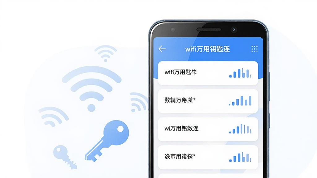画面主体是一部竖屏安卓手机,屏幕上显示“wifi万用钥匙连”的WiFi列表界面,多个热点名称与信号格排列整齐;布局为手机居中偏右,左侧漂浮几个半透明的WiFi信号图标与钥匙图形;排版简洁,顶部留白;风格为清爽扁平化科技插画,蓝白配色;细节包括手机边框高光、列表卡片圆角、信号强弱用弧形线条表示;画质高清,画面干净,无多余元素