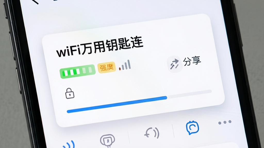 画面主体是手机屏幕特写,显示“wifi万用钥匙连”的热点详情卡片,卡片上标注信号强度条、锁形图标与分享来源文字;布局为手机屏幕占满画面,卡片居中;排版信息分层清晰;风格为UI界面展示风格,浅色背景;细节包括卡片阴影、彩色标签、进度条;画质锐利,画面干净,无多余元素