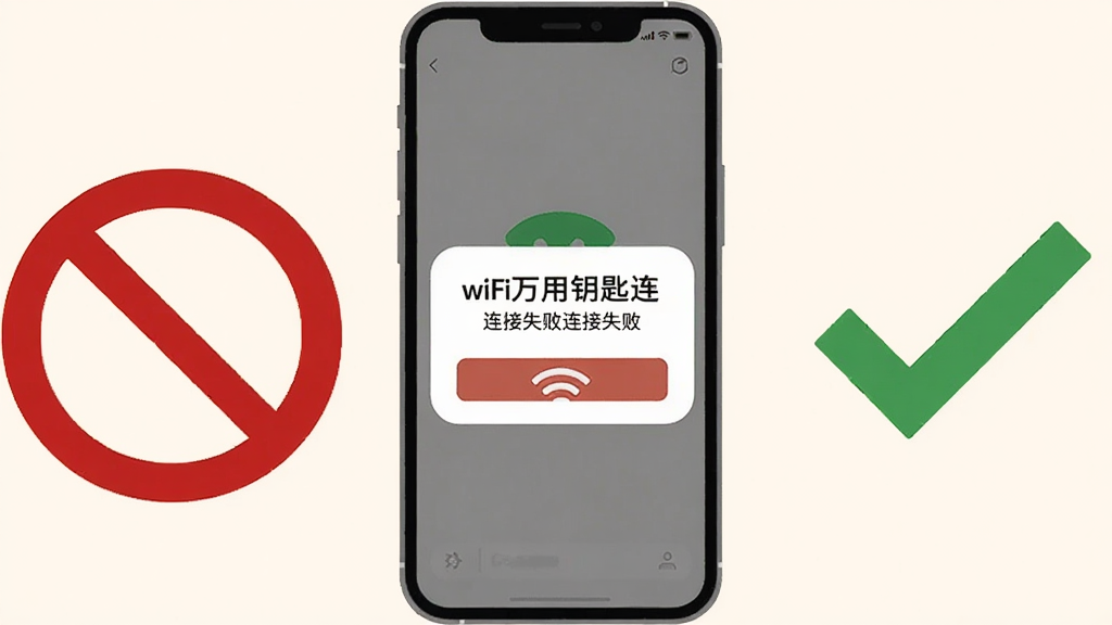 画面主体是一部手机屏幕显示“wifi万用钥匙连”连接失败的提示弹窗,旁边有一个红色禁止符号与一个绿色对勾形成对比;布局为手机居中,符号分列两侧;排版清晰;风格为提示说明类插画,浅色背景;细节包括弹窗圆角、文字行、对比色块;画质清晰,画面干净,无多余元素