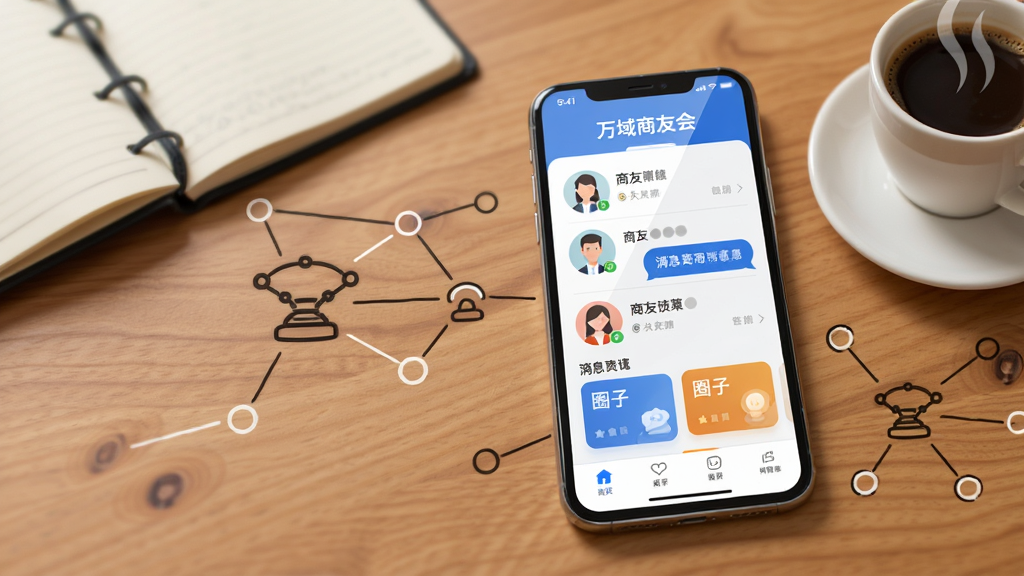 画面主体是一部智能手机,屏幕上显示万域商友会应用界面,界面中有商友头像列表、消息气泡和圈子卡片,手机放置在木质办公桌上,旁边有笔记本和咖啡杯,布局为手机居中偏右,左侧留白处用简洁线条勾勒出连接网络的概念图形,排版干净利落,风格为现代商务扁平化插画,细节包括屏幕反光、桌面纹理、咖啡热气,画质清晰锐利,画面干净,无多余元素