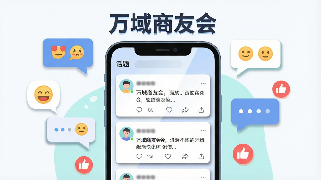 画面主体是一部手机屏幕特写,屏幕内显示话题广场信息流,每条动态带有头像、文字和互动图标,屏幕上方漂浮着“万域商友会”字样,手机周围散落着对话气泡和点赞图标,布局为手机居中,元素环绕,风格为清新扁平插画,细节包括气泡上的表情符号、动态卡片阴影、屏幕高光,画质清晰,画面干净,无多余元素