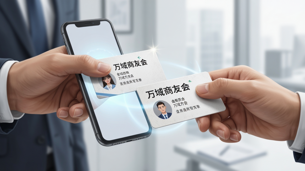 画面主体是两只手在手机屏幕前交换虚拟名片,名片上显示“万域商友会”和头像信息,背景是浅灰色商务场景,布局为双手从左右两侧伸向中央,名片悬浮在中间,风格为写实商务插画,细节包括名片质感、手指动作、屏幕微光,画质清晰,画面干净,无多余元素
