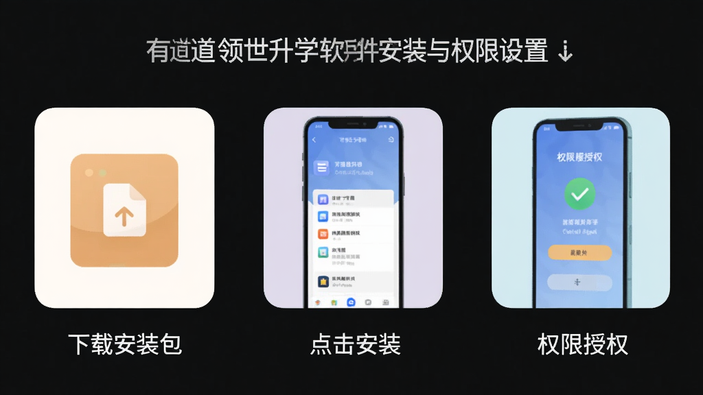 一张展示有道领世升学软件安装与权限设置流程的示意图,画面分为三个步骤图标横向排列,分别表示下载安装包、点击安装、权限授权,每个步骤配有简洁的手机界面示意,整体风格扁平化,配色柔和,画质清晰,干净无多余元素