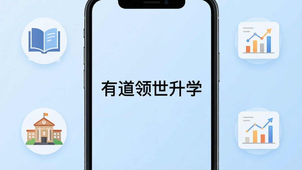 一张展示有道领世升学软件首页界面的手机屏幕截图,屏幕中央显示软件名称“有道领世升学”,背景为简洁的浅蓝色渐变,周围环绕着升学规划相关的图标元素如书本、院校建筑、数据图表,整体风格清爽现代,画质清晰,干净无多余元素
