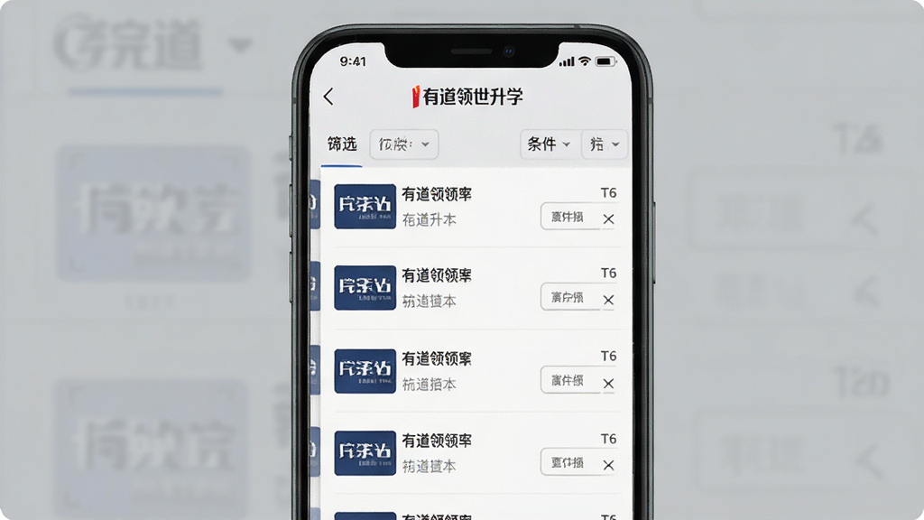 一张展示有道领世升学软件中院校信息查询界面的手机截图,屏幕显示院校列表与筛选条件,页面顶部有“有道领世升学”标识,背景为淡灰色,界面布局清晰,风格简约商务,画质清晰,干净无多余元素