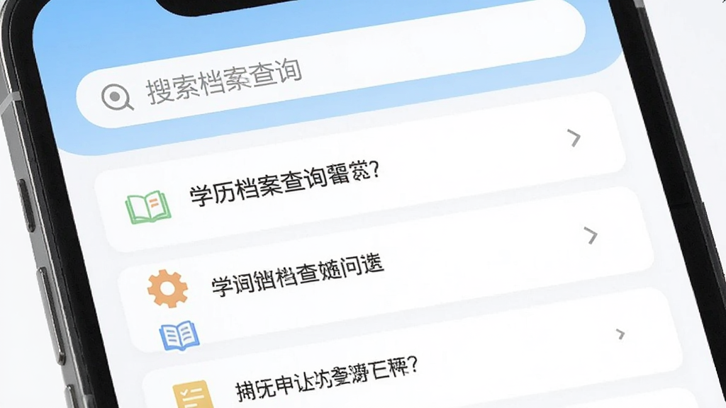 手机屏幕展示“学历档案查询”应用的问答页面,页面以列表形式排列多个问题条目,每条问题前有小图标,背景为白色,顶部有搜索栏,整体采用清新浅色风格,排版整齐,画质清晰,无杂乱元素