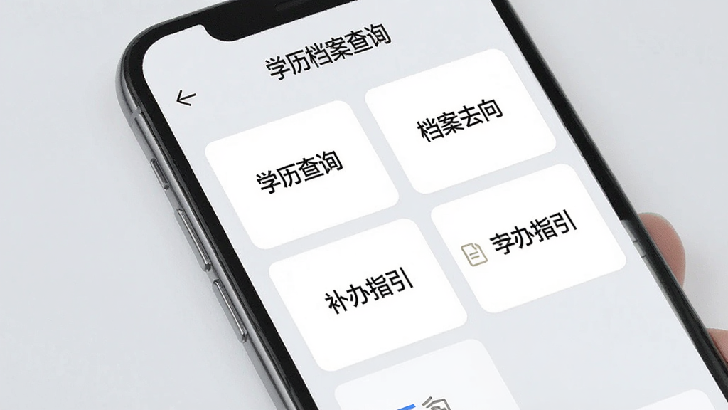 一部手机屏幕显示“学历档案查询”应用首页,页面以卡片形式排列多个查询入口,卡片上分别标注“学历查询”“档案去向”“补办指引”等文字,背景为柔和的浅灰色,整体风格简洁商务,布局规整,画质干净清晰