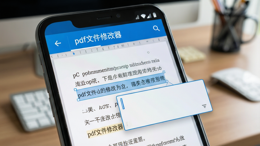 画面主体是一部安卓手机特写,手机屏幕显示“pdf文件修改器”的文字编辑界面,界面中央是一段PDF文档内容,其中一行文字被高亮选中并弹出编辑输入框,输入框内有光标闪烁,屏幕上方有软件名称“pdf文件修改器”字样,背景为虚化的办公桌面,风格写实,画质清晰,细节丰富,配色以蓝白灰为主,干净无杂乱元素