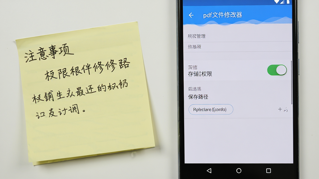 一部安卓手机屏幕显示“pdf文件修改器”的设置与权限管理界面,界面中可见存储权限开关处于开启状态,下方有保存路径选择选项,手机旁放置一张写有注意事项的便签纸,整体风格写实简洁,画质清晰,配色清爽,无多余元素