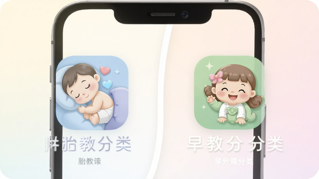 画面中央为手机界面展示故事分类列表,左侧为胎教分类图标,右侧为早教分类图标,中间用柔和的分隔线隔开,布局为左右对称式,风格为清爽的UI展示插画,细节包括分类图标采用圆角设计、配色柔和、背景为浅色渐变,画质干净无多余元素