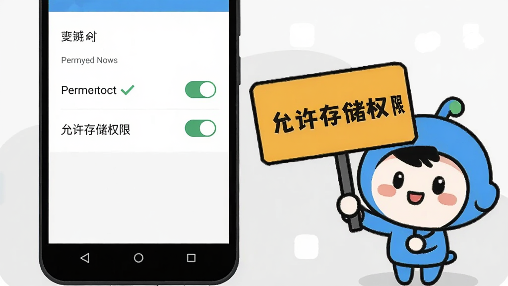 主体为一部安卓手机屏幕显示应用权限设置页面,旁边有一个卡通风格的小助手举着提示牌,牌子上写有