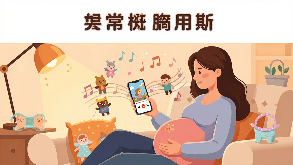 主体为一位准妈妈坐在舒适的沙发上,手持智能手机,手机屏幕显示故事播放界面,周围环绕着柔和的音符和卡通故事角色元素,布局为居中构图,上方留白用于标题排版,风格为温馨治愈的扁平插画风,细节包括暖色调灯光、孕妇装、婴儿用品点缀,画质清晰干净无多余元素