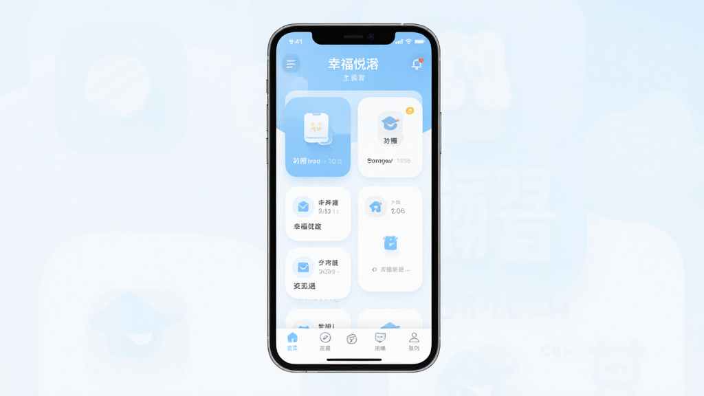 主体为一部竖屏手机,屏幕中显示“幸福悦瀹”应用主界面,界面采用浅蓝与白色搭配,布局为顶部状态栏、中部功能卡片与底部导航栏,排版简洁清晰;风格为清爽扁平化UI设计,细节包含圆角图标、柔和阴影与留白,画质高清干净,无多余元素