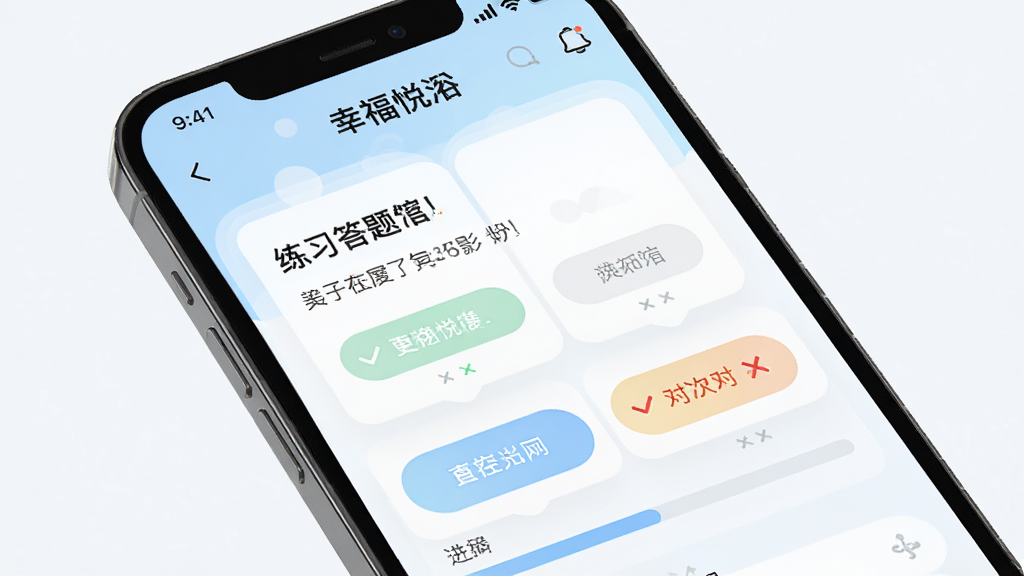 主体为手机屏幕特写,显示“幸福悦瀹”练习答题界面,界面中有题目卡片、选项按钮与对错反馈标识,布局为上下结构,排版清晰;风格为现代教育类App界面展示,细节包含浅色背景、圆角卡片与进度条,画质高清干净,无多余元素