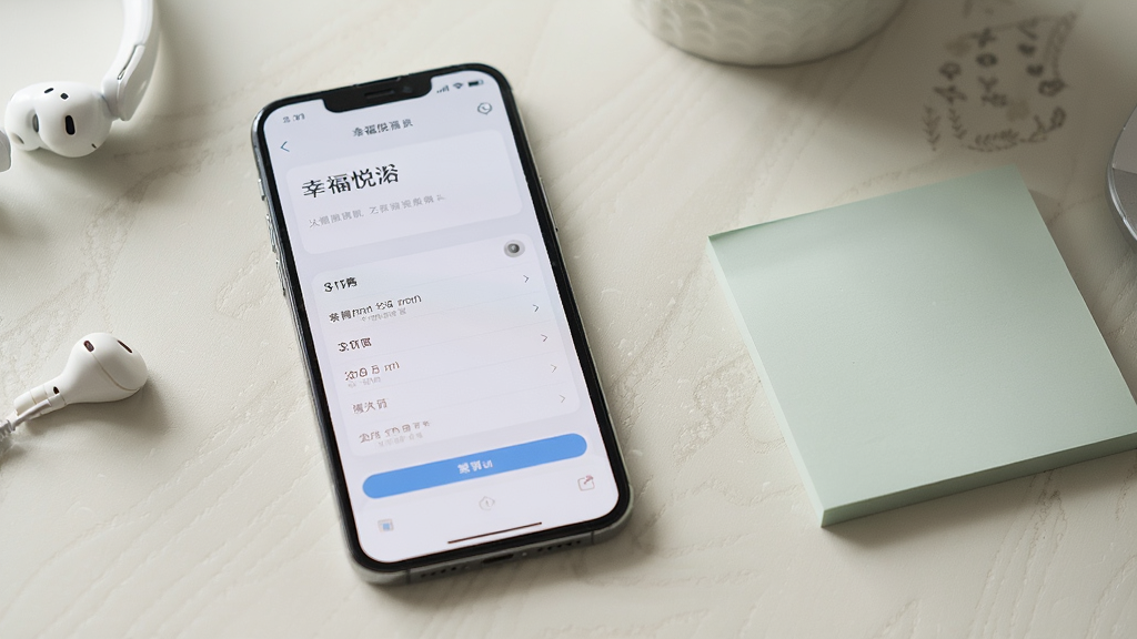 主体为一部手机放置在桌面,屏幕显示“幸福悦瀹”设置页面,旁边有耳机与便签纸,布局为手机居中偏左,便签在右,排版自然;风格为生活化数码场景,细节包含柔和桌面纹理、浅色背景与清晰界面文字,画质干净高清,无多余元素