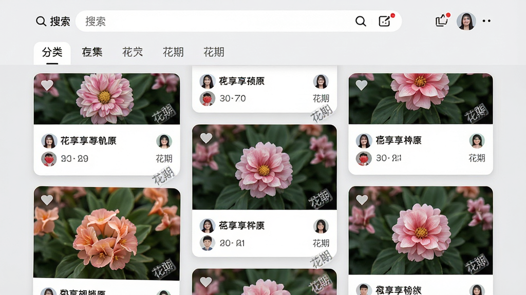 一张社区分享页面示意图,画面为瀑布流布局的图文卡片,每张卡片展示花卉照片与简短文字,顶部有搜索栏与分类标签,背景为浅灰色,风格现代简洁,细节包括点赞图标、用户头像与
