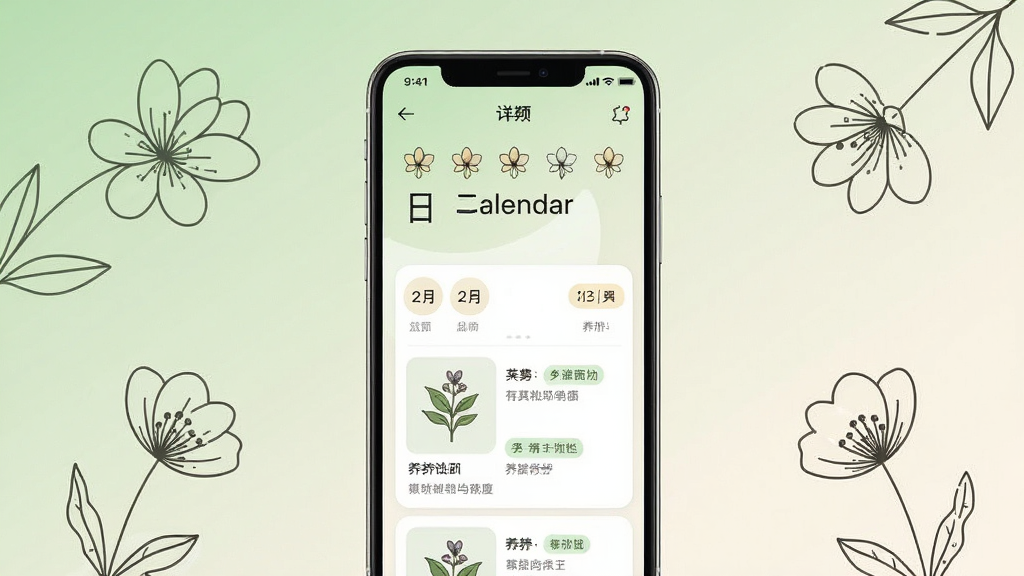 一张展示手机应用界面的场景图,画面中央是一部竖屏智能手机,屏幕上显示花卉日历与植物卡片列表,背景为柔和的浅绿色与米白色渐变,周围点缀几朵简约的线描花卉图案,风格清新自然,细节包括花瓣图标、日期标记与养护提示小标签,画质清晰干净,无多余装饰元素