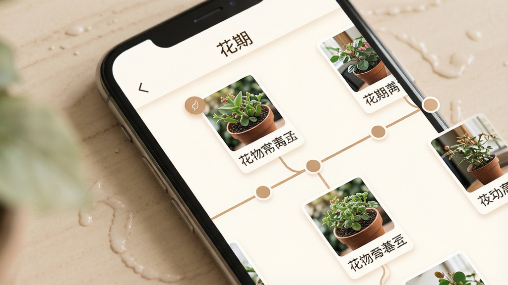一张手机应用内的生长记录页面示意图,画面展示时间线布局,每个节点配有植物照片与简短文字说明,顶部写有